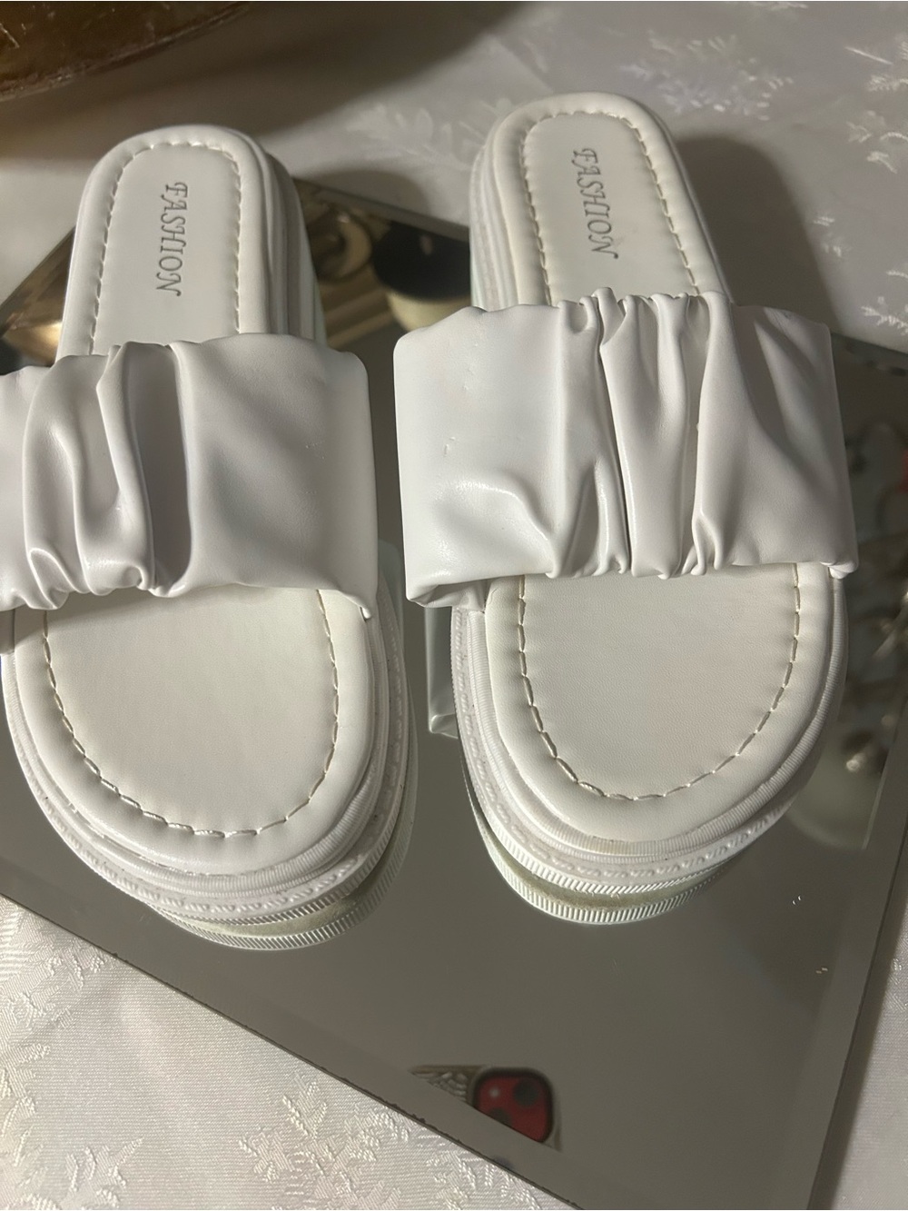 White Ruched Slide Sandals for Women